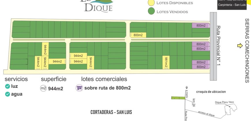 LOTES DE 944M2 EN LOTEO EL DIQUE, CORTADERAS